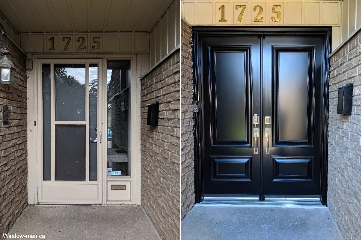 Before and After. Double front entry doors. Insulated black high. Executive panel style. Two panels in each. Very narrow 28 each slab. Executive style collection